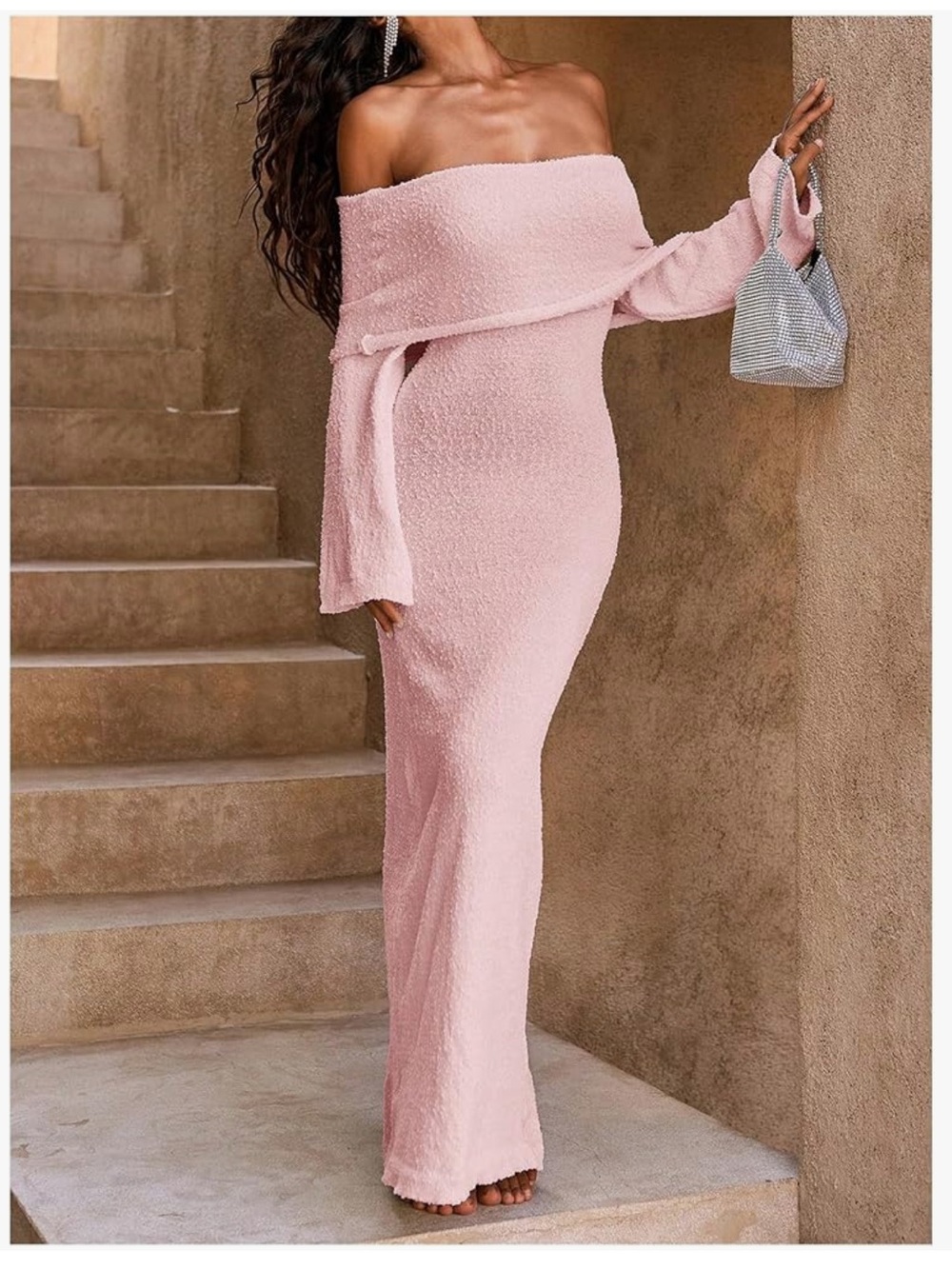 NWT Off-the-Shoulder Long sleeve Knit Maxi Dress in Light Pink